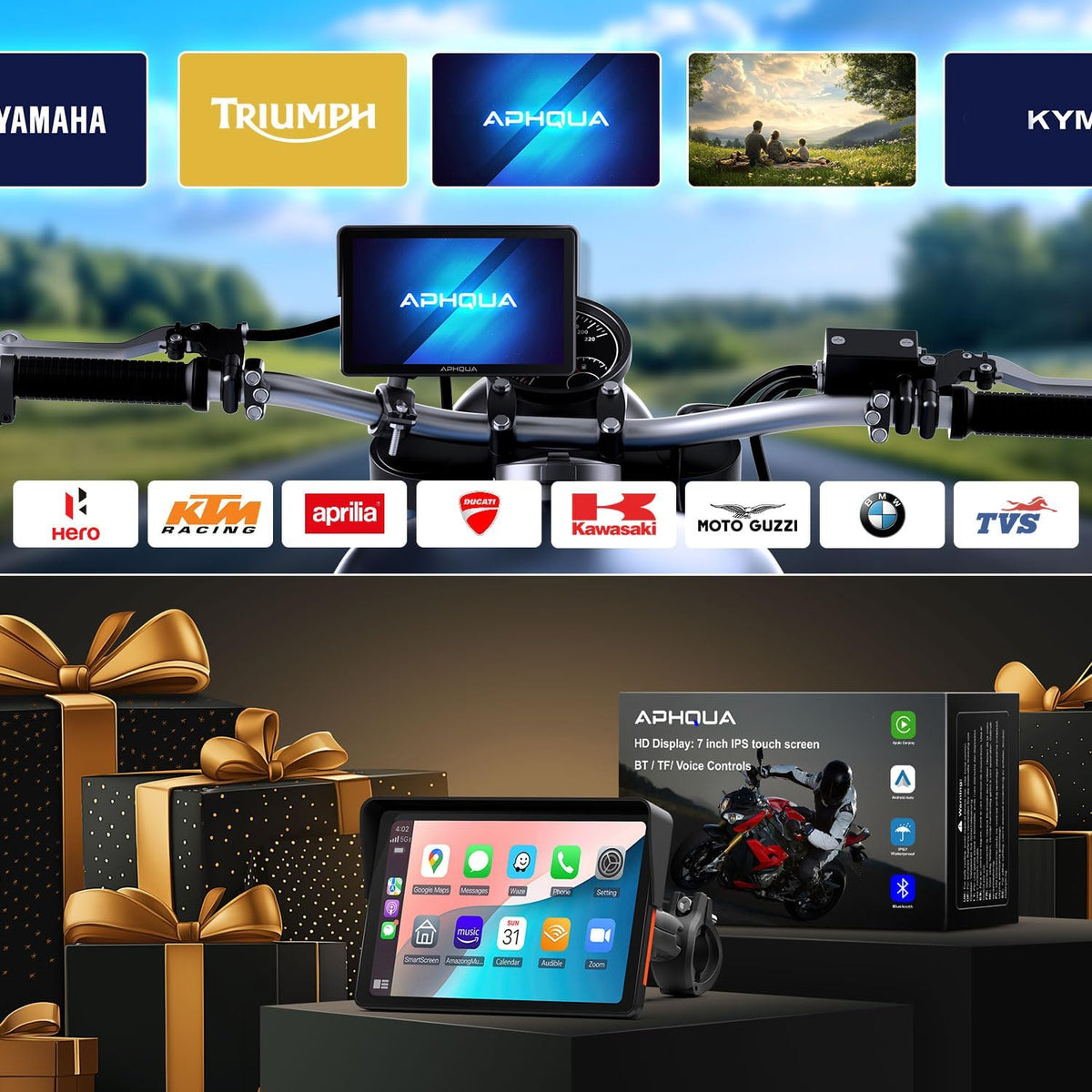CarPlay draadloos scherm voor motorfiets, 7 inch waterdicht touchscreen, draagbaar CarPlay en Android Auto voor motorfiets, ondersteunt Bluetooth Trans, GPS-navigatie, Siri, handsfree - 722