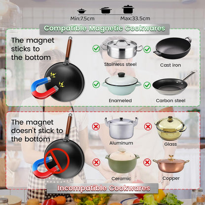Wok Inductiekookplaat, 2500 W, inductiekookplaat met wok, 12 warmtestanden, kookplaat, inductie, temperatuurbereik 60-240 °C