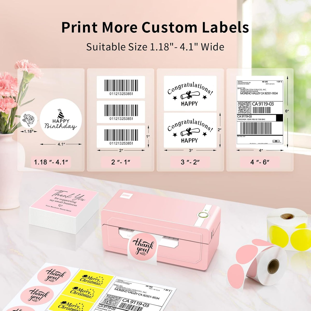 JADENS Bluetooth thermische labelprinter 4x6, roze draadloze verzendlabelprinter voor kleine bedrijven en pakketten, compatibel met iOS, Android, Mac, Windows, Amazon, Etsy, Ebay, Shopify