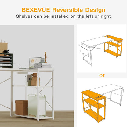 L-vormig bureau – hoekbureau – gametafel – computerbureau – werkplek bureau – wit – 140 x 70 cm – ingebouwde USB- en Type-C-poorten – stevige stalen X-frame