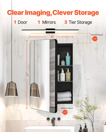 VEVOR Medicijnkastje, 40,6 x 61 cm, medicijnkast voor badkamer met spiegel, aluminium frame, badkamerhangkast, 2-laags verstelbare planken, inbouw- en wandmontage