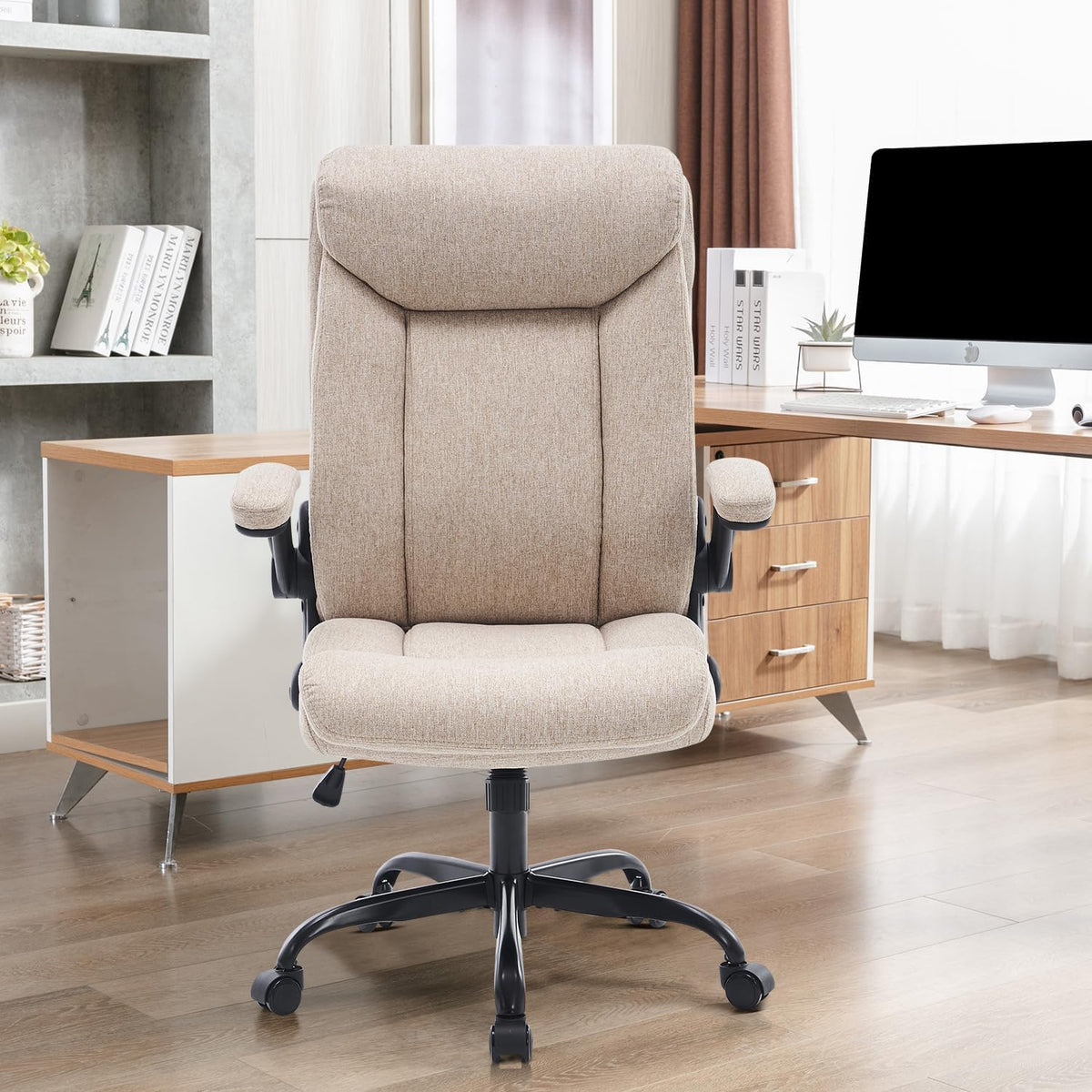 Ergonomische bureaustoel, computerstoel, draaibare werkstoel met opklapbare armleuning, in hoogte verstelbaar, comfortabel voor kantoor, thuis, gaming (beige stof)