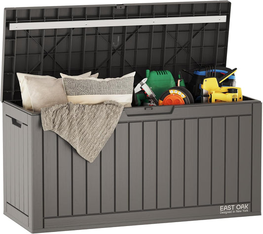 EAST OAK 60 gallon grote dekbox, outdoor opbergdoos met hangslot voor terrasmeubels, terraskussens, tuingereedschap, zwembadbenodigdheden, waterdicht en UV-bestendig, grijs (DB23001)