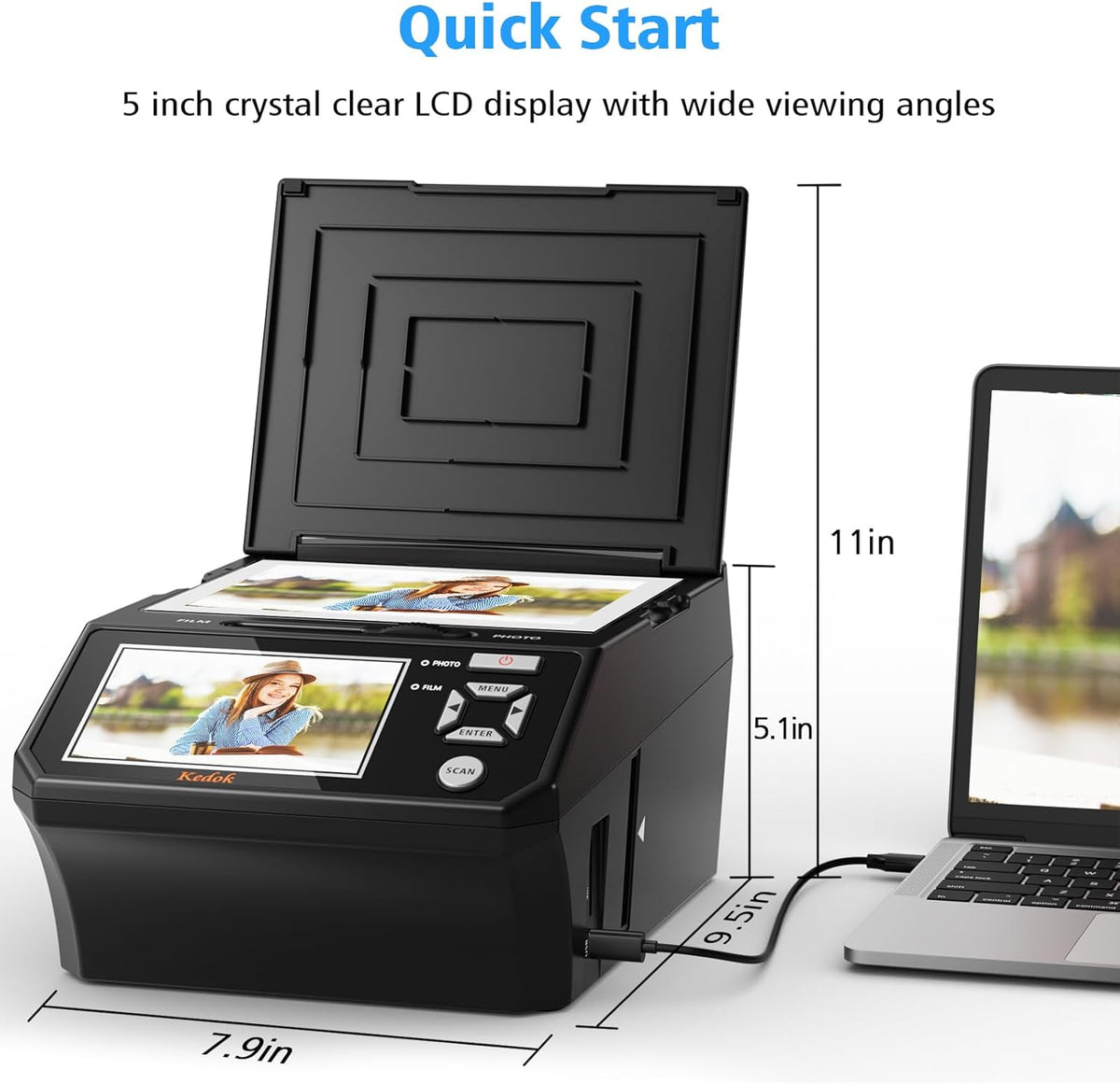Digitale film- en diascanner - met 5 inch LCD-scherm, converteert 35 mm en 110 mm films, foto's en visitekaartjes in 22 MP JPEG hoge resolutie 8 GB SD-kaart