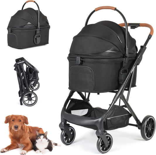 T6 Luxe Huisdierwagen voor middelgrote honden onder 29.9kg of 2 kleine honden & katten, opvouwbaar en afneembaar (Zwart)