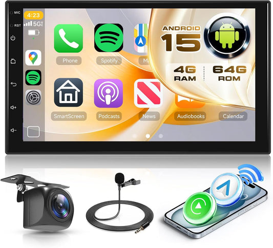 Hodozzy 4GB+64GB Android 2 Din Autotuner met Carplay Android Auto Draadloze Dubbele Din 7 Inch Touch Screen Autoradio GPS Navigatie Wifi Bluetooth DSP FM/RDS Radio USB/SWC + AHD Achteruitrijcamera