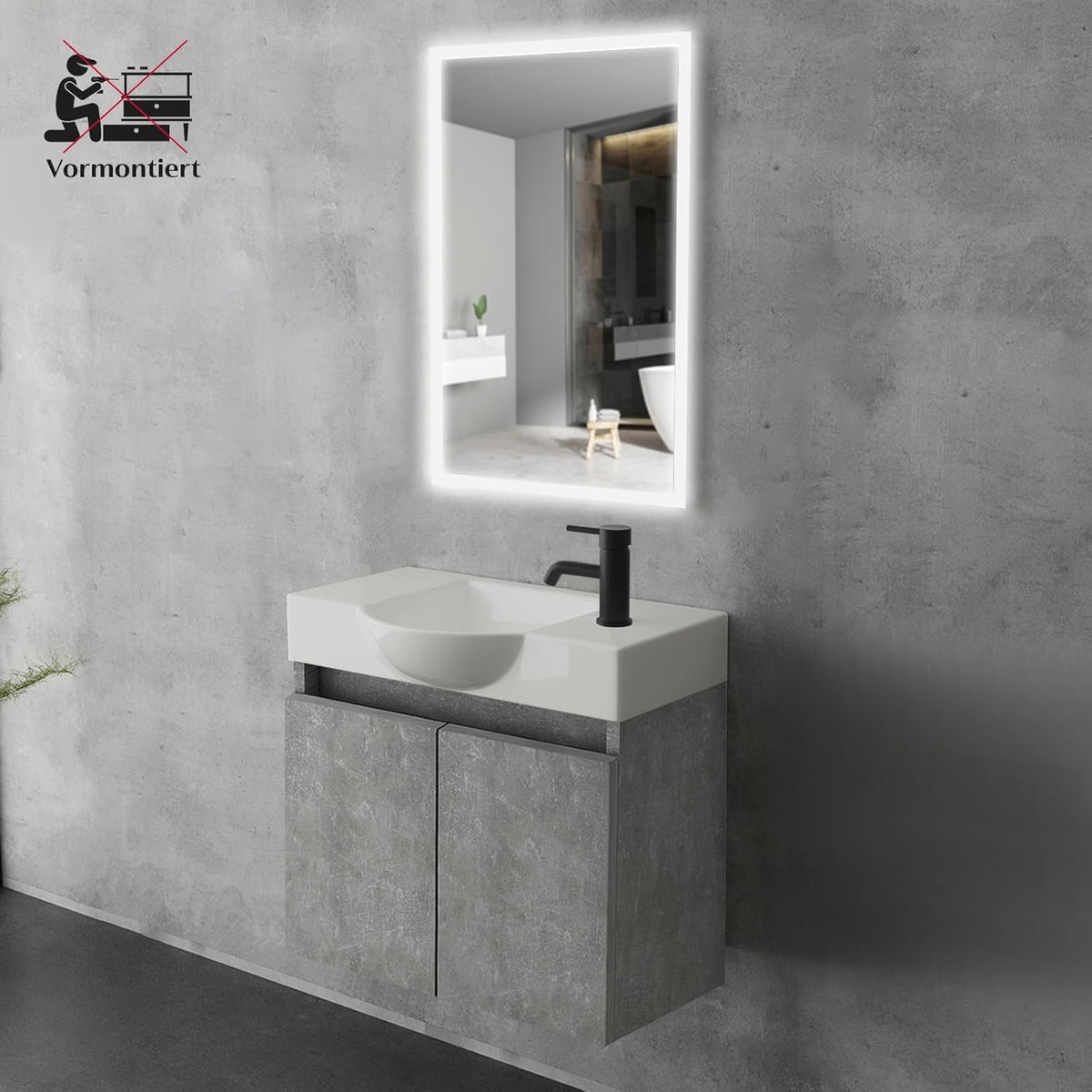 Alpenberger Bathroom Cabinet with Mirror, Bathroom Furniture Set, Sink with Base Cabinet and Bathroom Mirror with Lighting, Bathroom Cabinet with Basin, Basin Cabinet (Cement) - QUORE