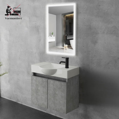 Alpenberger Bathroom Cabinet with Mirror, Bathroom Furniture Set, Sink with Base Cabinet and Bathroom Mirror with Lighting, Bathroom Cabinet with Basin, Basin Cabinet (Cement) - QUORE