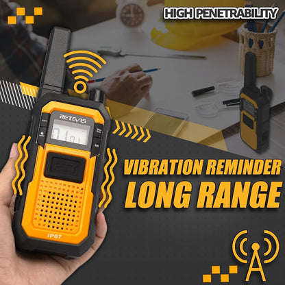 Retevis RB648 Zware Tweewegradio, IP67 Waterdicht, Stofdicht Robuuste Walkietalkies met Oorschelp, Oplaadbare Langeafstandsradio's voor Aannemers, Werklocaties en Buitengebruik (4-pack)