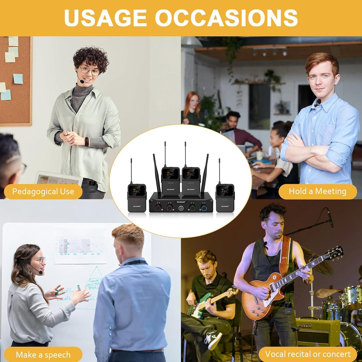 4-Kanaals UHF-Draadloos Microfoonsysteem – Draadloze Microfoonset, Headsetmicrofoon, Dasspeldmicrofoon, Bodypack-Zenders – 24-Bit/48 kHz Geluidskwaliteit – Stabiele UHF-Verbinding Tot 200 Meter
