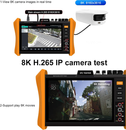 8K IP Camera Tester Multifunctionele CCTV Tester 8 inch scherm 8K H.265 8MP TVI/CVI/AHD/SDI/CVBS Kabel Tester DMM TDR VFL Ondersteuning 55V POE++, SFP poort HDMI & VGA (Model: H12CLMOVTADHSEF)