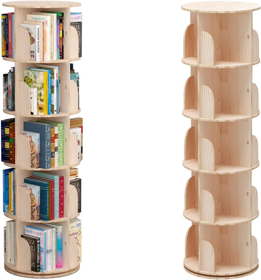 PTUWODS Rotating Bookcase, Standing Shelf, 360 Degrees, Storage Rack for Children and Adults, Multifunctional Solid Wood Bookshelf (5 Shelves) - QUORE