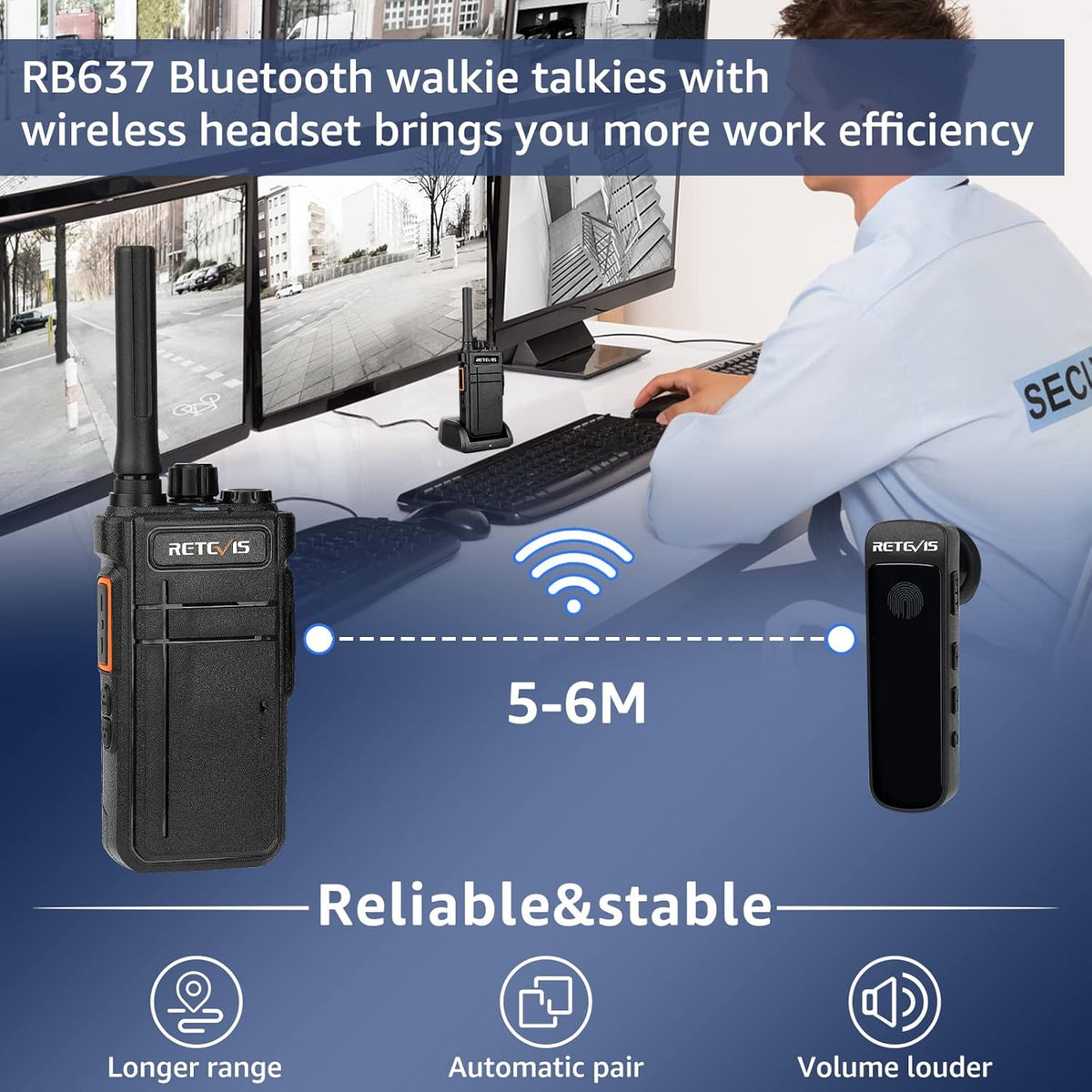 Retevis RB637 Bluetooth Walkie Talkies Oplaadbaar, PMR446 Professionele 2-weg radio met draadloze headset, 2000mAh, VOX, draadloze kloon twee-weg radio's (zwart, 4 stuks)
