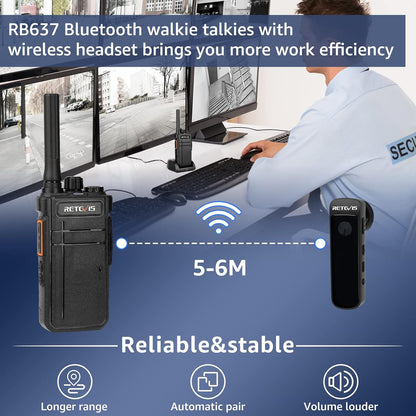 Retevis RB637 Bluetooth Walkie Talkies Oplaadbaar, PMR446 Professionele 2-weg radio met draadloze headset, 2000mAh, VOX, draadloze kloon twee-weg radio's (zwart, 4 stuks)