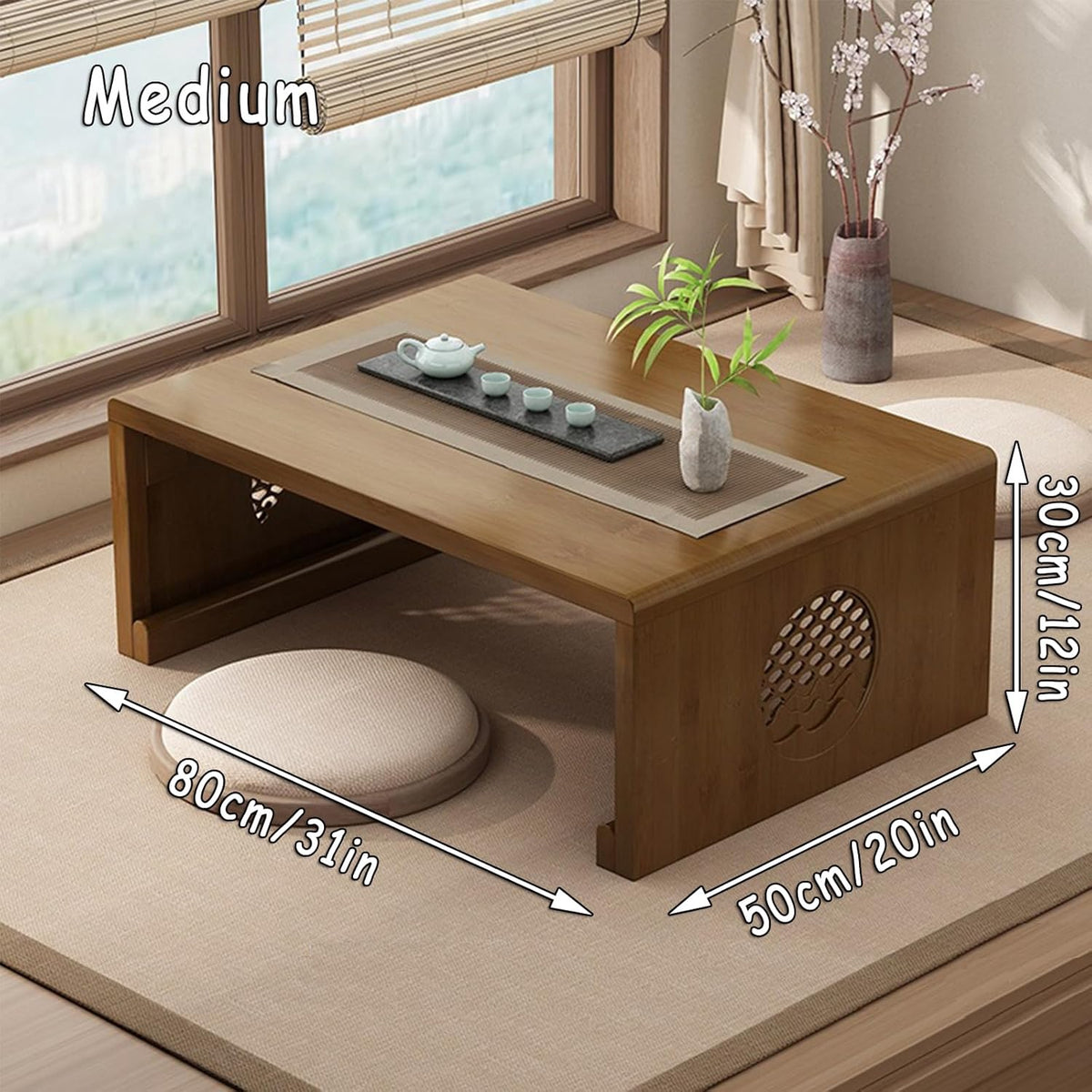 Bamboe Chinese Thee Vloertafel Japanse Opvouwbare Salontafel Altaartafel for Meditatie Lage Draagbare Opvouwbare Tatami Tafel for Woonkamer, Eetkamer, Woondecoratie (Walnoot, M)
