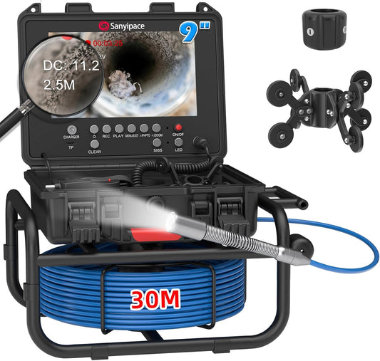 Sanyipace Inspectiecamera voor buizen 30 m, buisinspectiecamera met DVR, IP68, waterdicht, kleurenscherm van 9 inch met afstandsmeter, professionele videoinspectie