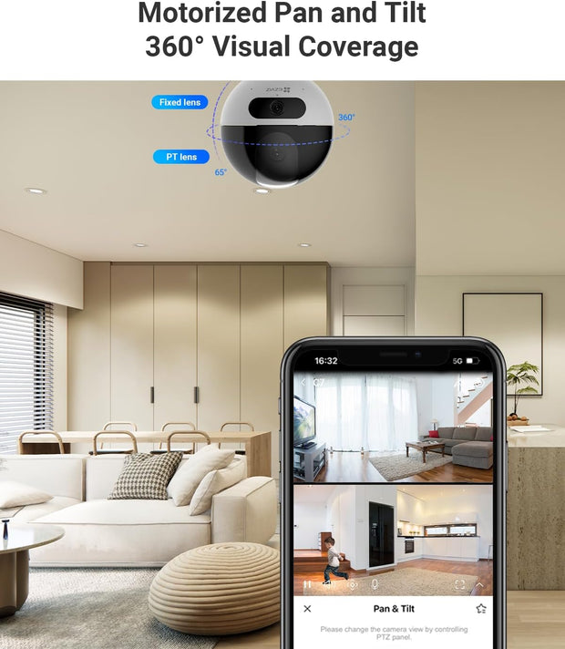 Beveiligingscamera - WiFi-bewakingscamera - Camerabewaking - met 360° - Dubbele Lens - 2K - 4MP+4 MP - Automatische Tracking - Persoons - Dierdetectie - Tweewegaudio - 10m Nachtzicht Patrouille - Privacymodus - voor Binnen - Wit