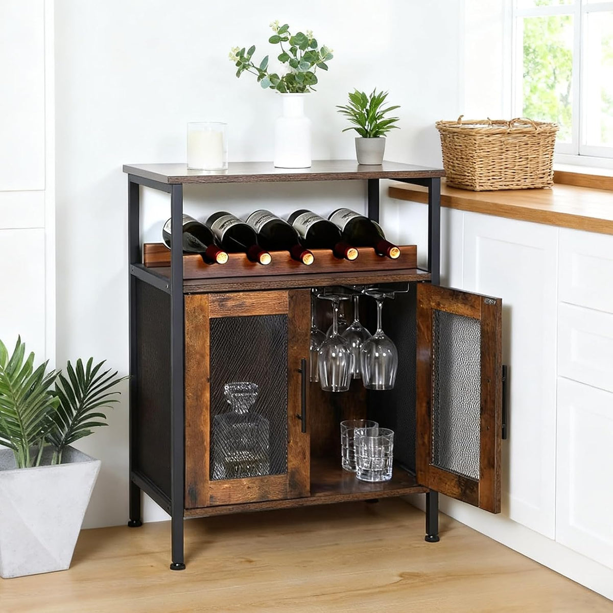 Wijnkast, hoekkast, industriële wijnkasten van hout, vrijstaande wijnrekken, voor keuken, bar, restaurant, enz., type A