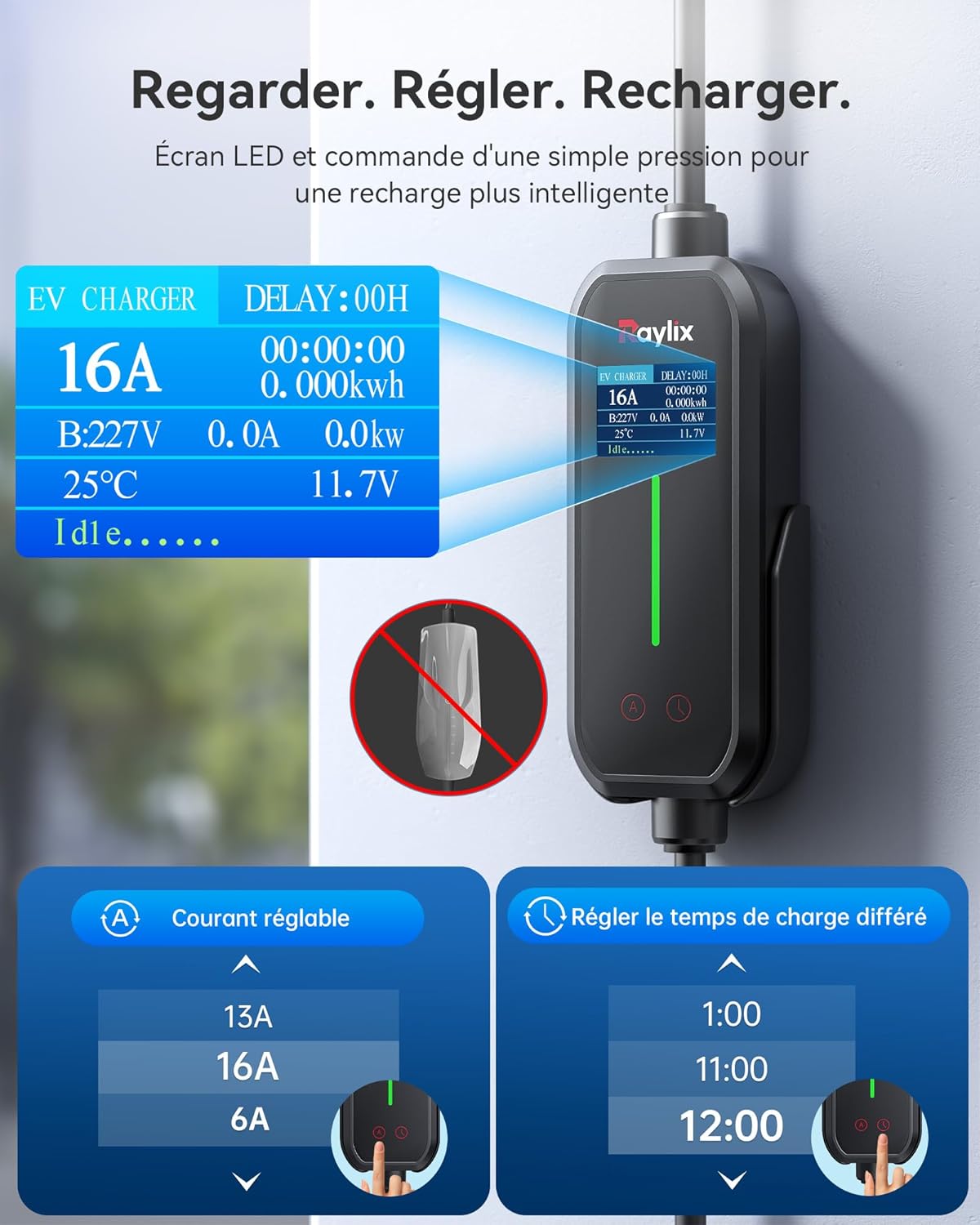 Raylix 11 kW elektrische autolader, type 2 (5 m, 6 A - 16 A, driefasig) met elektriciteitsmeter, instelbare intensiteit en uitgesteld opladen, laadstation 11 kW driefasig, compatibel met type 2