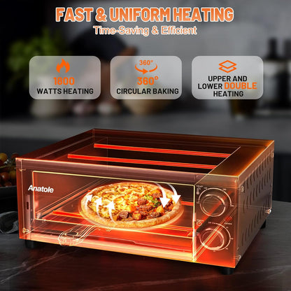 Anatole Elektrische pizzaoven, 30,5 cm (12 inch), 1800 W, interne pizzaoven met instelbare temperatuur, multifunctioneel, met rooster voor kruimels, uitneembaar