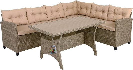 Casaria Corner Sofa Garden Polyrattan Table WPC Outdoor Lounge 340cm Grey Beige - QUORE