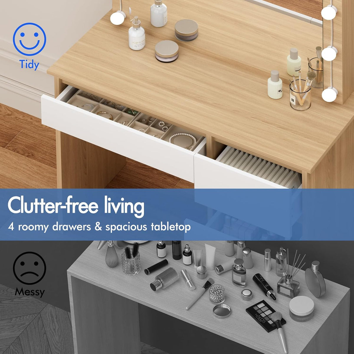 Make-uptafel – Kaptafel – Schminktisch – Make-up tafel – Make-up bureau – 4 Laden Opbergruimte – Verstelbare 12 LED Lampen
