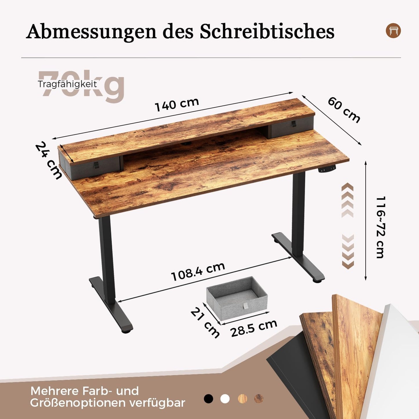 Klicelor Verstelbaar Bureau in Hoogte met Dubbele Lades, Elektrisch Verstelbaar Bureaux in Hoogte, Ergonomisch Sta bureau, 140x60, Bruin