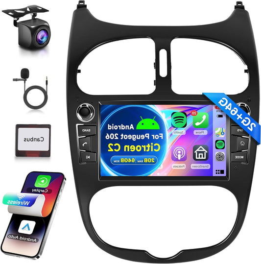2G+64G Wireless CarPlay Android Car Radio for Peugeot 206 206CC 206SW 1998-2016 Citroen C2 2004-2008 7 inch Car Radio with Android Car Navi GPS WiFi Mirror Link Bluetooth FM/RDS EQ SWC - QUORE