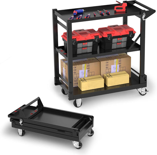 WORKPRO 3-in-1 Service Trolley, Folding Trolley with Wheels, Multifunctional Heavy Duty Shelving in Kitchens, Hotels, Workshops, Art Studios and Galleries - QUORE