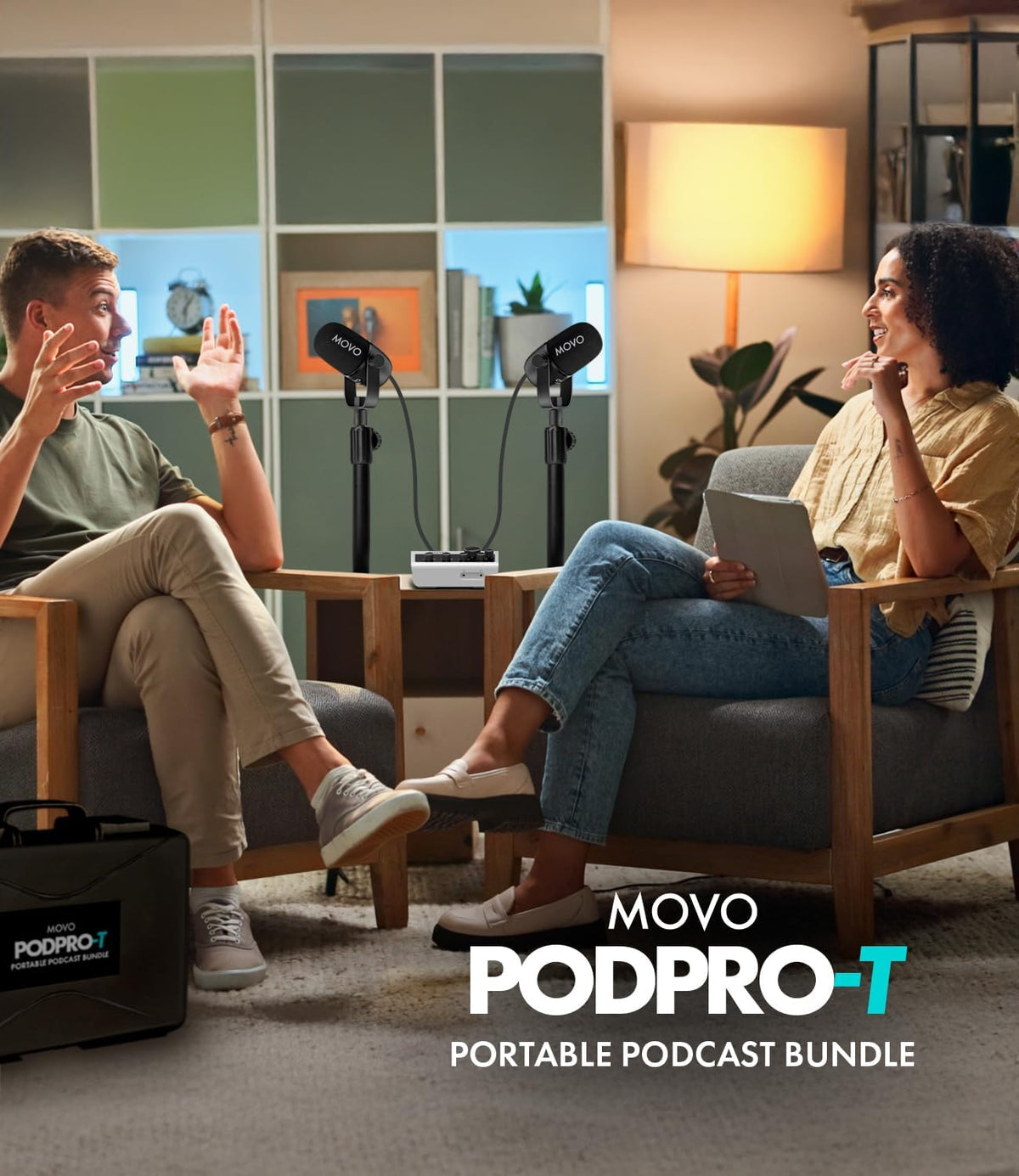 Movo Draagbare podcast-apparatuurbundel voor iPhone/Android-telefoons - Podcastkit met audio-interface, 2 CastMic dynamische microfoons, 2 tafelstandaarden - voor smartphones, computers, pc, Mac