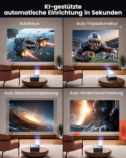 4K-beamer met Google TV & Netflix/Disney+, Dolby Audio, 1000 ANSI Smart Beamer, 4K autofocus, trapeziumcorrectie, HDR10, spraakbediening, wifi, Bluetooth, Full HD 1080p, thuisbioscoop/outdoor