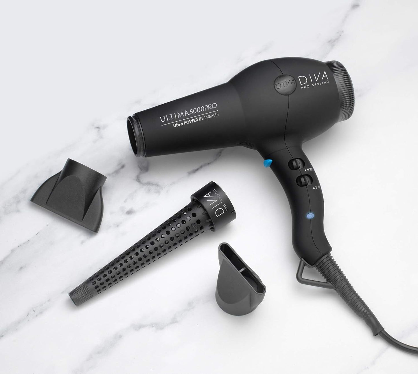 Diva Professional Styling Ultima 5000 Black Rubberised Haardroger met wand