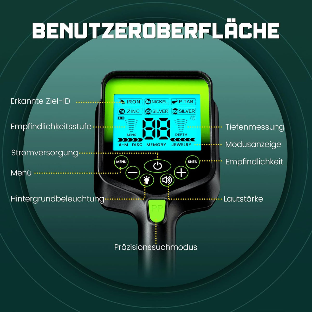 Metaaldetector voor Volwassenen en Oudere Kinderen Zwart Groen – Gouddetector – Schatzoeker – Muntenzoeker – Metaal Detector – LCD-Display – 10 Inch IP68 Waterdichte Spoel