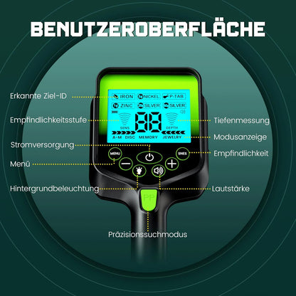 Metaaldetector voor Volwassenen en Oudere Kinderen Zwart Groen – Gouddetector – Schatzoeker – Muntenzoeker – Metaal Detector – LCD-Display – 10 Inch IP68 Waterdichte Spoel
