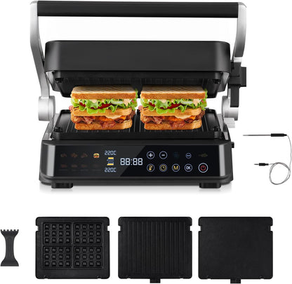 AMZCHEF 6-in-1 Health Grill & Griddle met 180° verstelbare platen, GrillBoost (280 °C), indoor grill, 4 antiaanbakplaten voor steaks en meer, 2000 W, vaatwasmachinebestendig