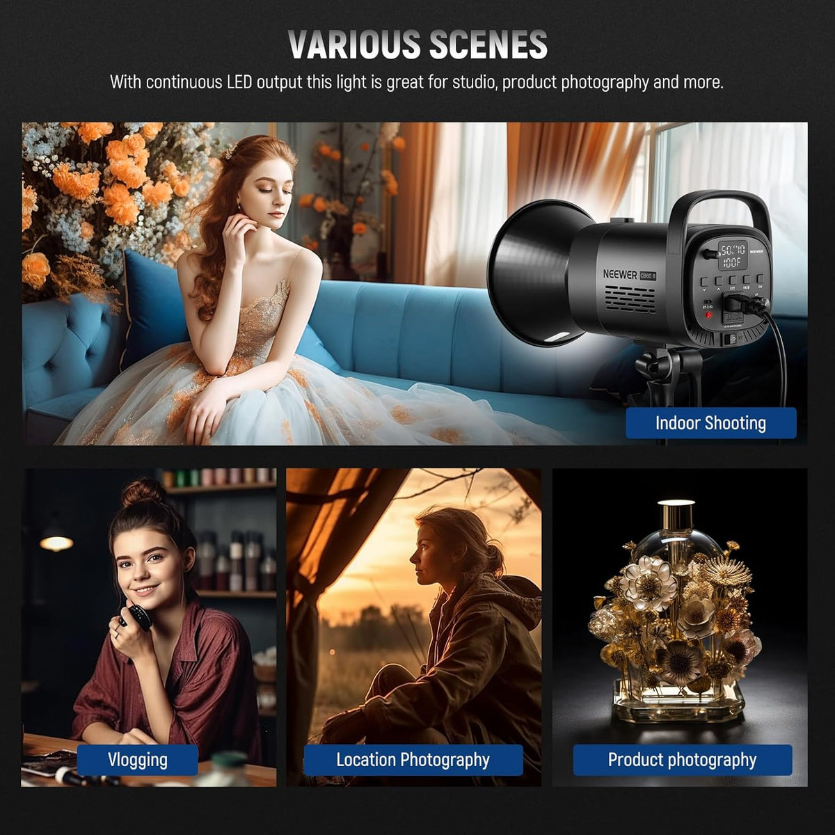 NEEWER CB60B 70W LED videolamp studiolicht 2,4G/APP bediening, COB Bi-Color Studio continu licht 2700K-6500K 34000Lux@1m/CCT modus/CRI97+/12 scènes Bowens houder voor fotografie videoverlichting