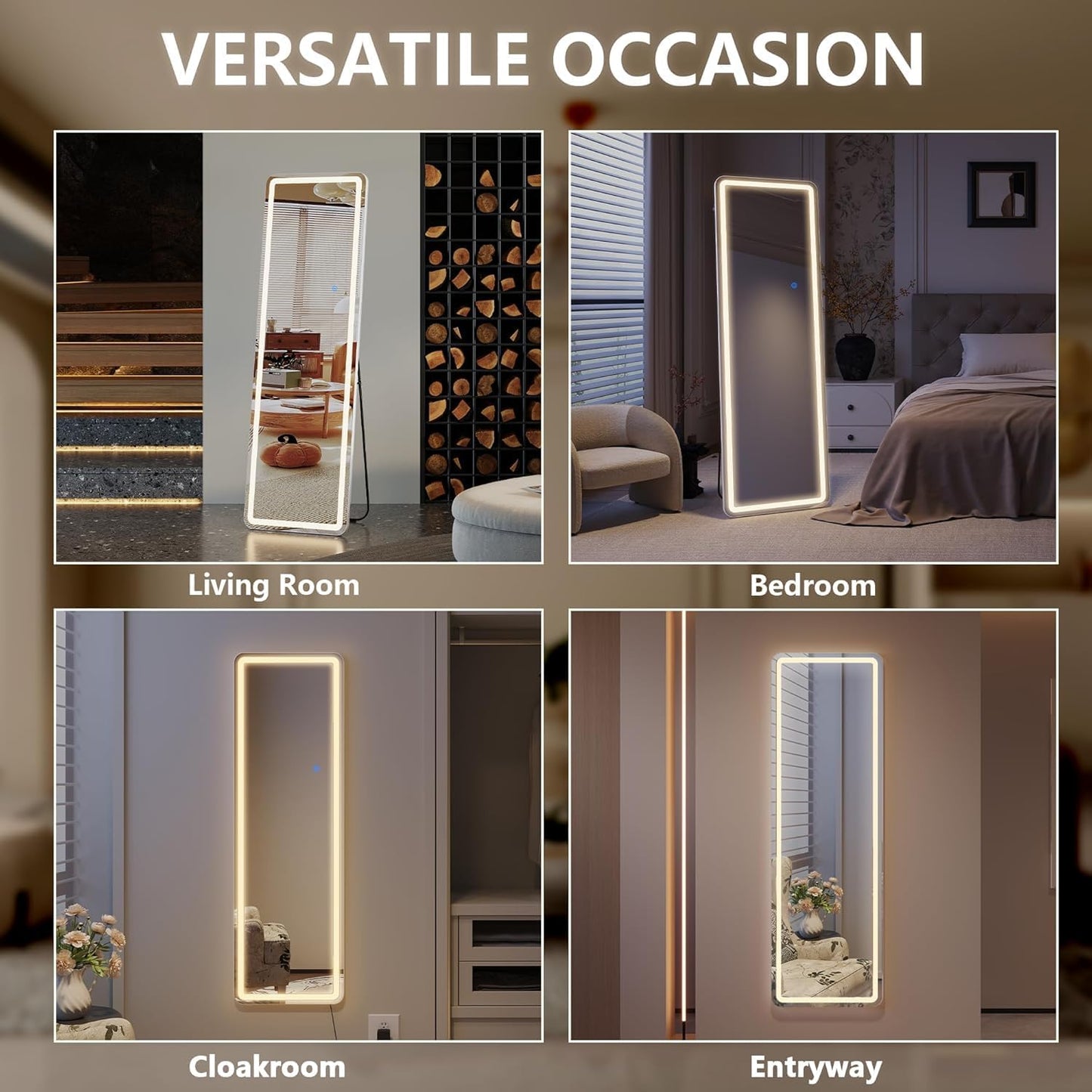 Staande Spiegel LED 160 x 50 cm, Lange Spiegel met Verlichting, Grote LED Wandspiegel, Volledige Lengte Passpiegel met Standaard, Vrijstaande Vloerspiegel voor Woonkamer Hal (Wit)