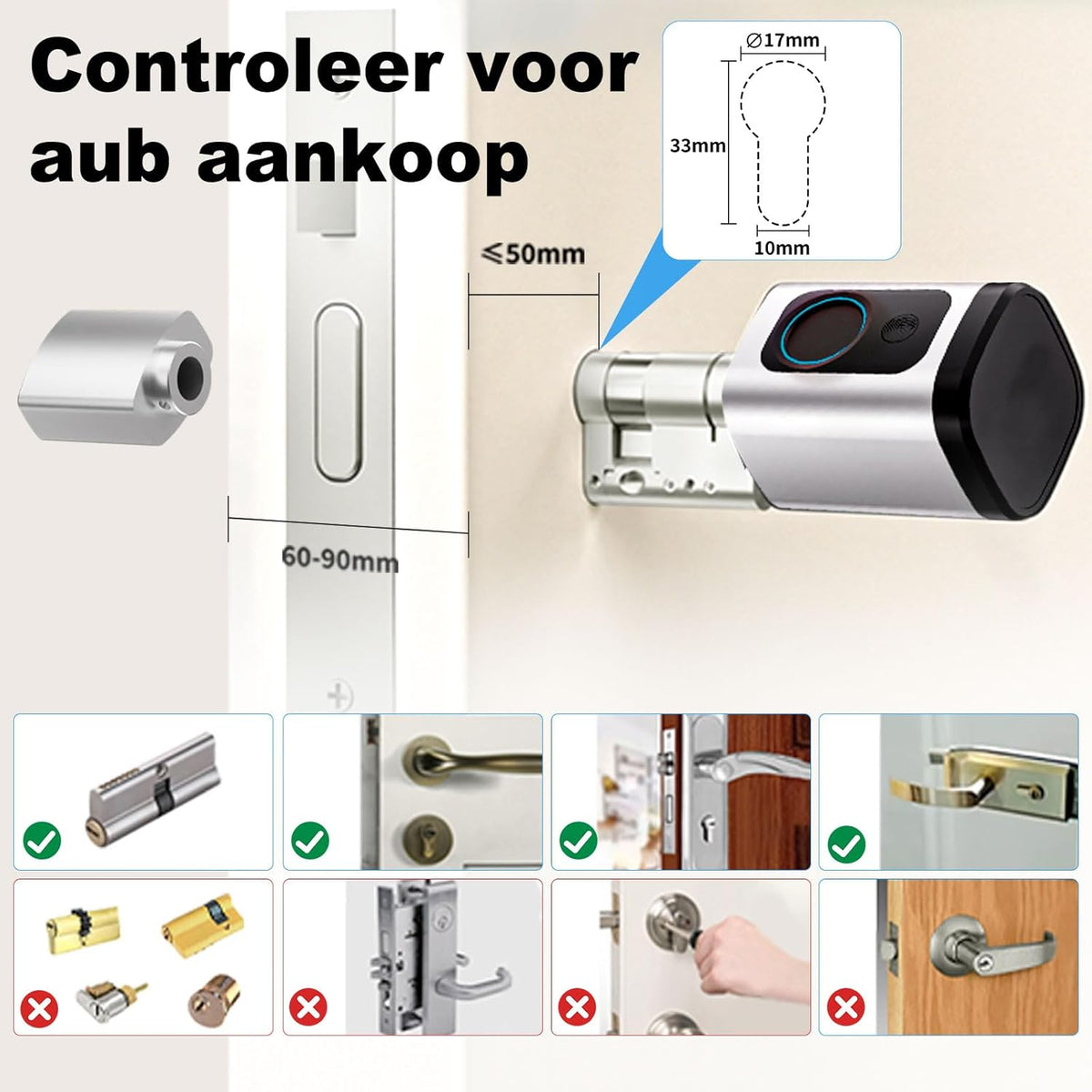 Deurslot, vingerafdrukslot, verstelbare lengte, elektronisch deurslot, smart lock met RFID-kaart, app, wifi, bluetooth-ontgrendeling, verlengaccessoires, 60-90 mm, zilver