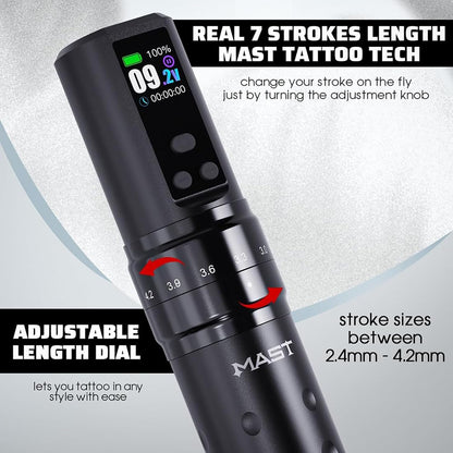 Mast Tattoo Fold2 Pro Wireless Tattoo Gun Rotary Pen Machine, Powerful Motor by Mcore, Smart Display, 7 Strokes Length for Pro Artists (set)