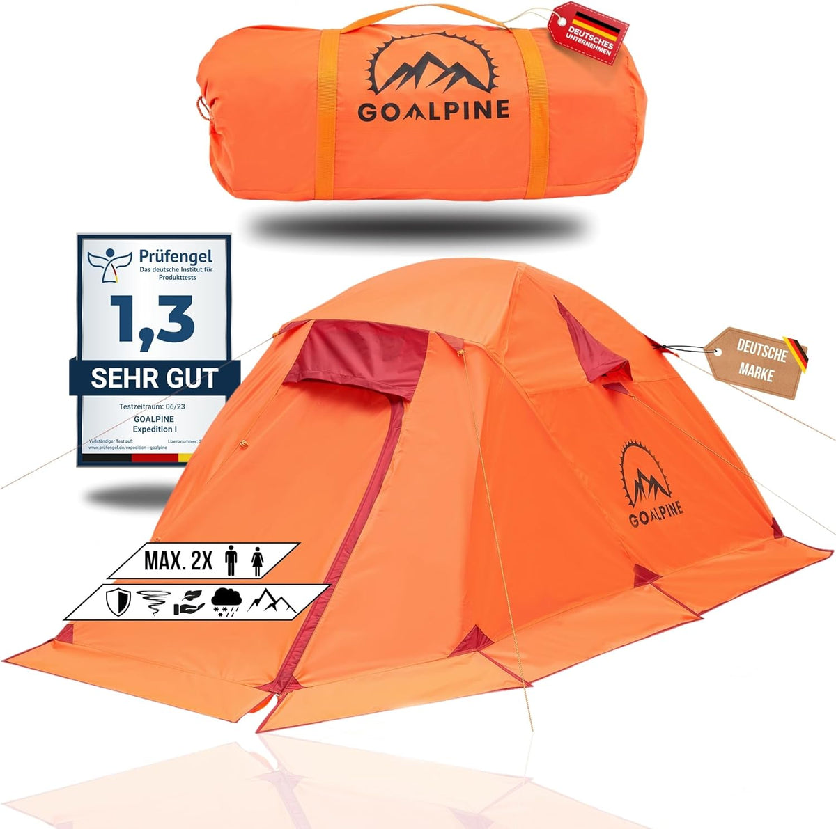 G-OALPINE® EXPEDDITION I Tent voor 2 grote personen | waterdicht 4000mm | klein op te vouwen | voor wandelen, bergtochten & bikepacking | ultralicht | 4 seizoenen | snel op te bouwen