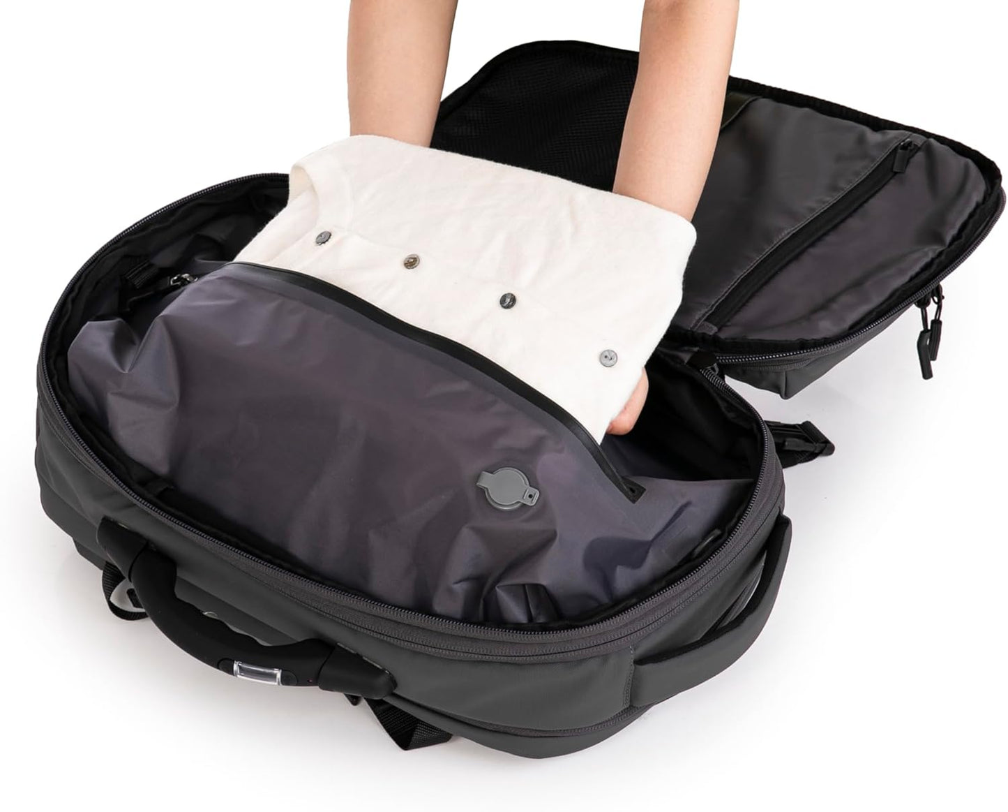 Vacuümreisrugzak | formaat handbagage koffer 55 x 35 x 25 & 55 x 40 x 20 cm | waterdicht | reistas laptop 17 inch | TSA-slot | wielen en trolley/bagageweeg/pomp optioneel, Grijs, 49cm, Met