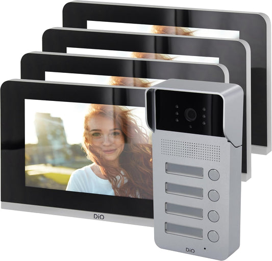 DiO Connected Home Videofoon Kit Multi Appartement Buitenunit 4 Knoppen + 4 Schermen 7''