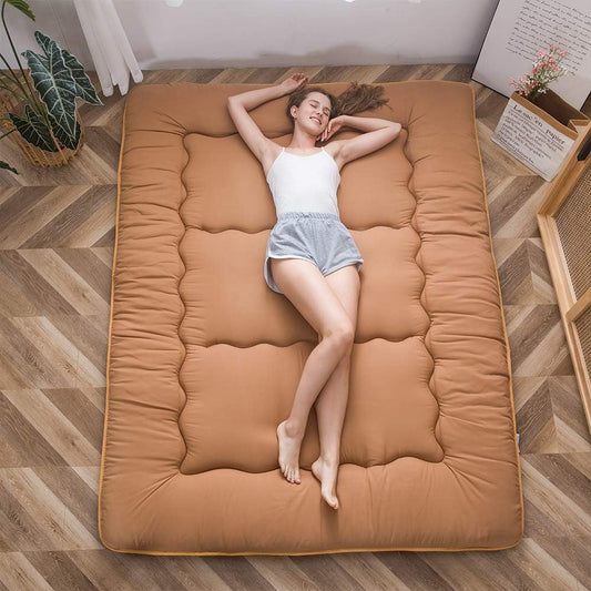 MAXYOYO Vouwmatras Futon matras vloermatras gewatteerd Japans tatami gewatteerd bed, dikke vouwmatras slaapmat rolmatras vloerligbed gastenmatras (lichtbruin, 150 x 200 cm)