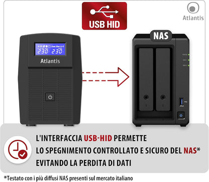 Atlantis A03-HP1003 Ononderbroken stroomvoorziening, zuivere sinusgolf, 800 VA 480 W Line Interactive, LCD-display, USB-HID-aansluiting, 2 Shuko-uitgangen + Alim-kabel, 1 accu 12 V-9 Ah,