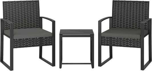 Outsunny Rattan Bistroset, 3-delige tuinset met 2 stoelen, salontafel, afneembare kussens, balkonset, zithoek voor tuin, terras, donkergrijs - QUORE