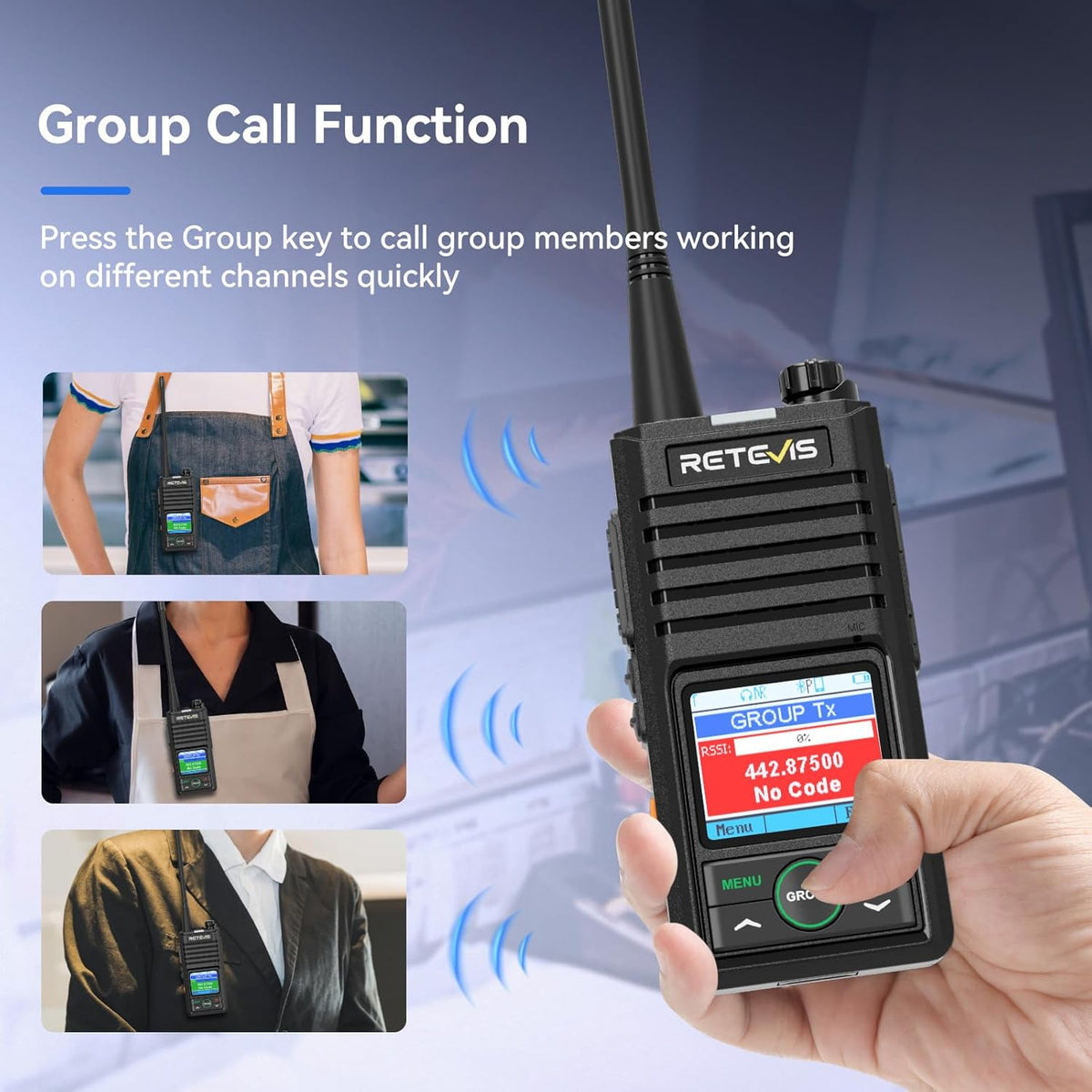 Retevis RB658 Walkie Talkie Bluetooth, APP-instelling, Groepsgesprek, 1800 mAh, USB C, IP54, Draadloze Kloon, Walkie Talkie met draadloze oortelefoon voor de detailhandel (4 Pack, Zwart)