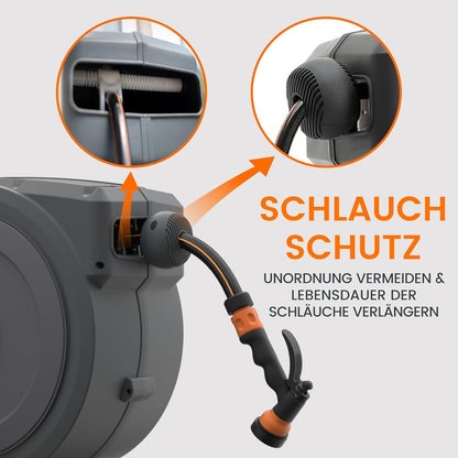 Giraffe Tools Automatische slanghaspel 25 m + 2 m, wandgemonteerde tuinslanghaspel 180° draaibaar met multisproeier en aansluitslang