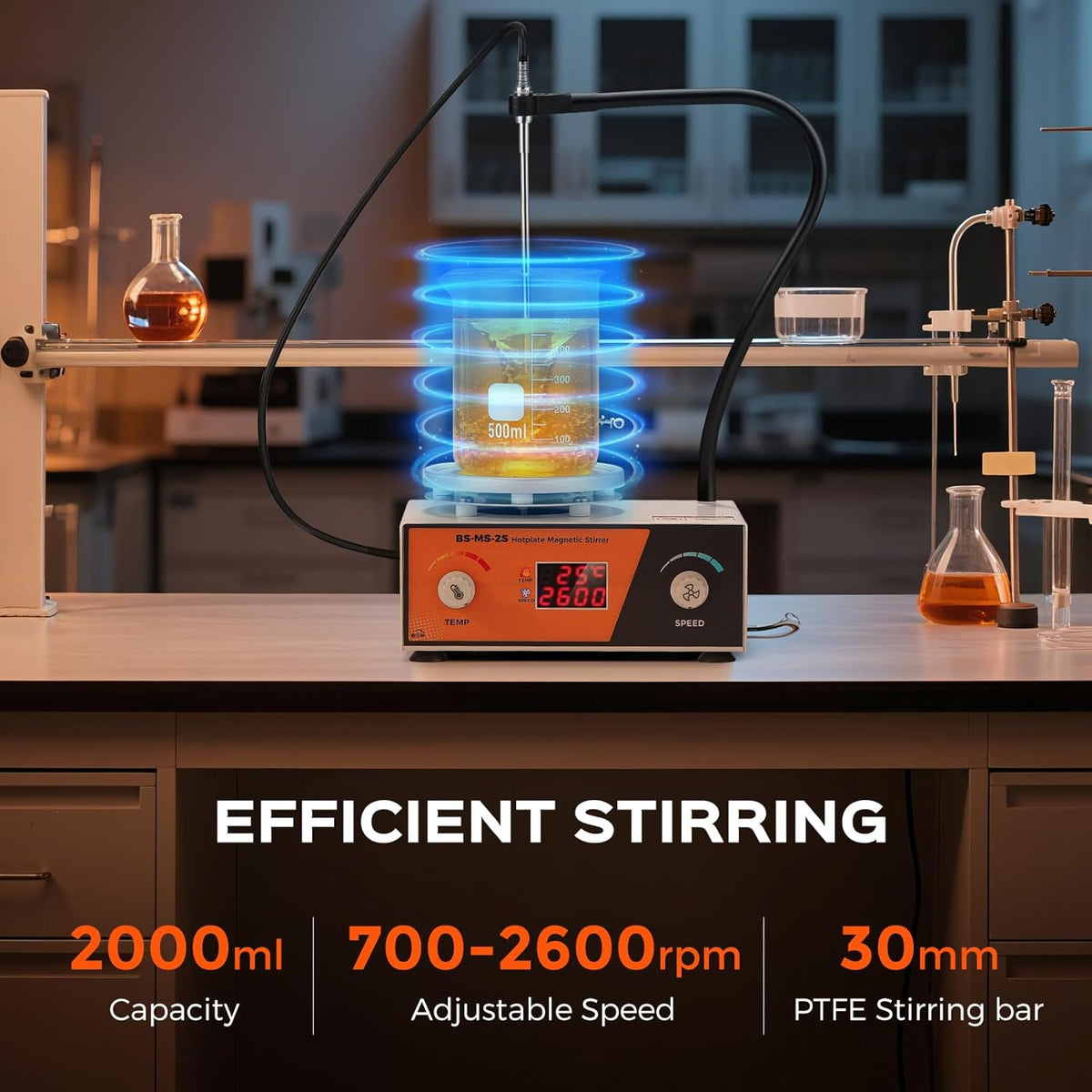 Bonviosin Magneetroerder, verwarmingsplaat, digitaal display, 2 liter, 700-2600 rpm, laboratoriummixer, 100 graden Celsius, met buigbare sensor-steunstaaf, 120 x 120 mm, magneetroerder, mixer, 180 W