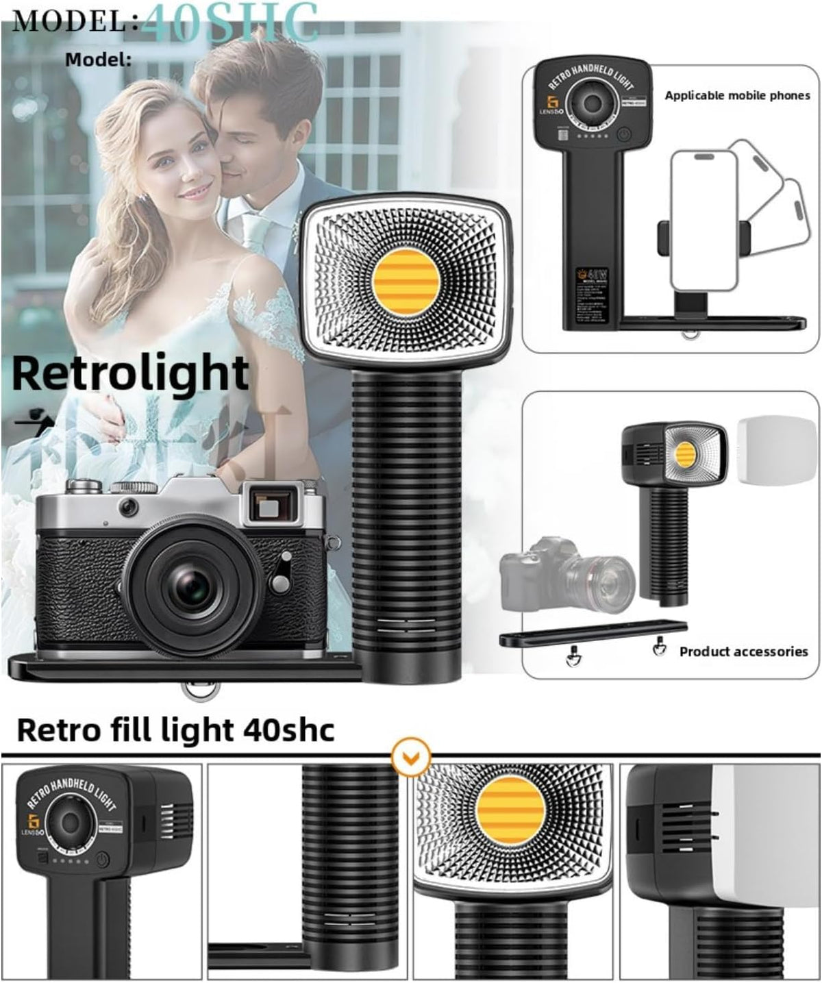 Retro LED Handlamp – Cameralamp – Videolamp – Fotolamp – Handcameralamp – 40W COB LED – 2700K-7000K, Instelbare Helderheid 0-100%