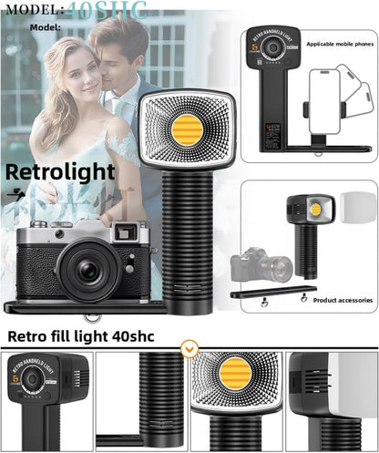 Retro LED Handlamp – Cameralamp – Videolamp – Fotolamp – Handcameralamp – 40W COB LED – 2700K-7000K, Instelbare Helderheid 0-100%